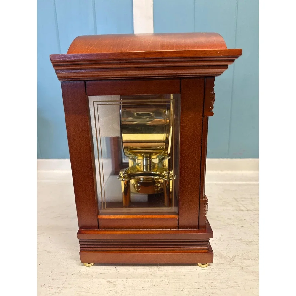 Bulova Wood Mantel Clock B1845 Chadbourne Rotating Pendulum Brown Gold Tone